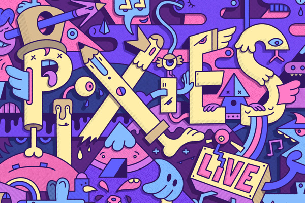 Gig art poster design for Pixies band, live. Purple and cream design, cool characters.